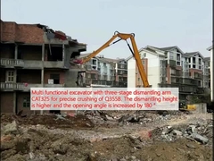 Excavadora multifuncional con brazo de desmontaje de tres etapas CAT325 para el trituración precisa de Q355B. La altura de desmontaje es mayor y el ángulo de apertura se incrementa en 180 °